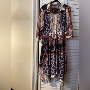 Reborn Paisley & Geometric Midi Dress 3/4 sleeves- Purple, Brown & Cream NWT